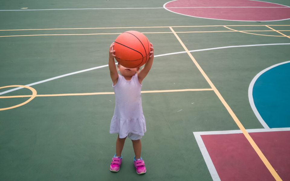 Kind speelt met basketbal op basketterrein