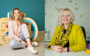 Verpleegkundigen Sarah en Marleen kijken in twee foto's naar de camera