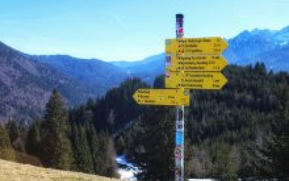 4 gele wegwijzers op een wandelpad in de bergen