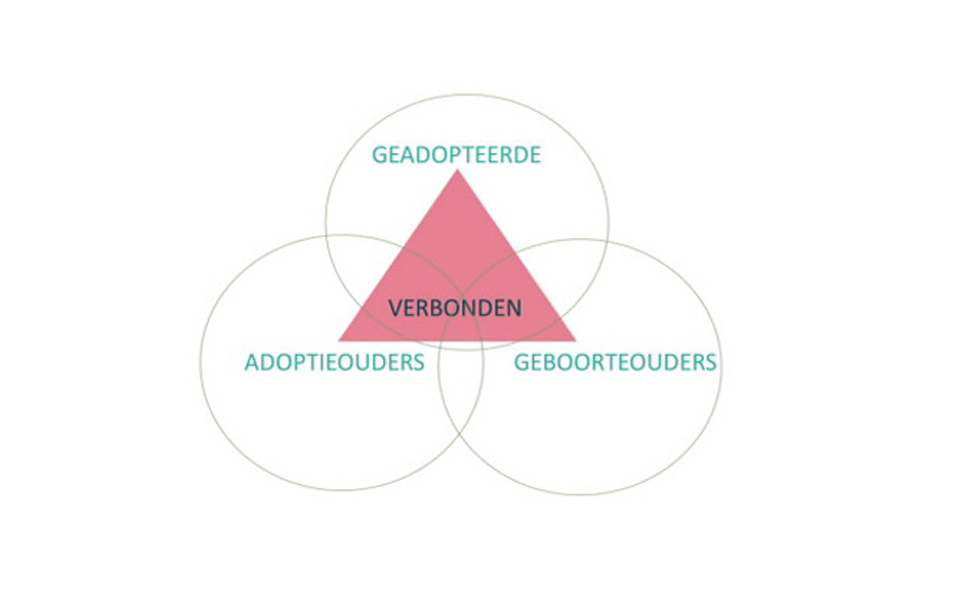 Adoptiedriehoek: geadopteerd - adoptieouders - geboorteouders, verbonden