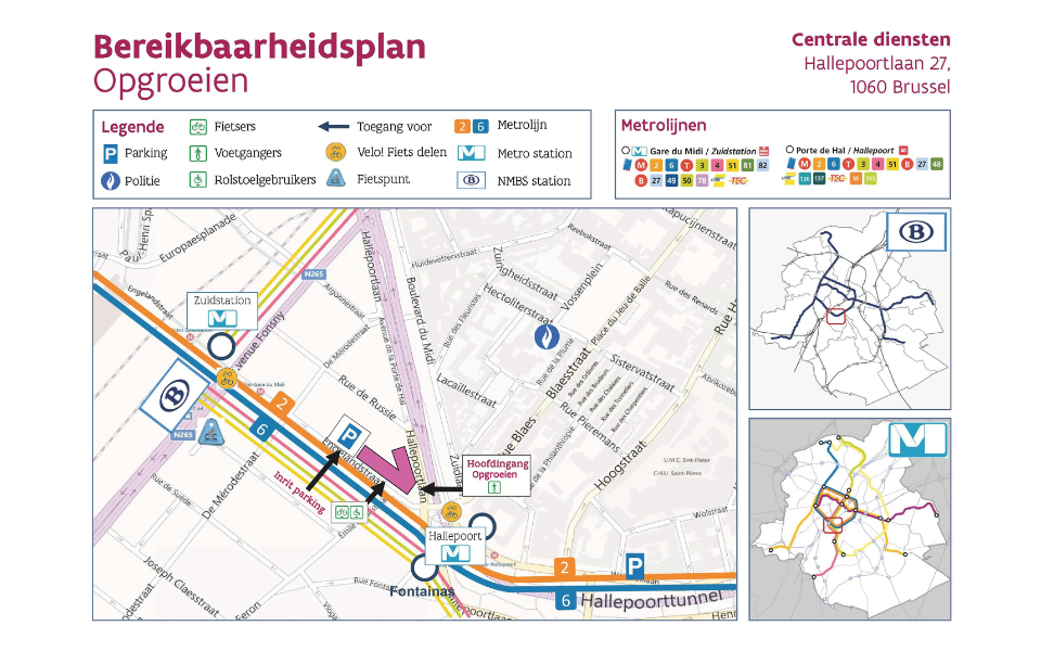 Bereikbaarheidsplan Opgroeien Hallepoortlaan 27 1160 Brussel via fiets, te voet, trein, metro, bus, tram of wagen