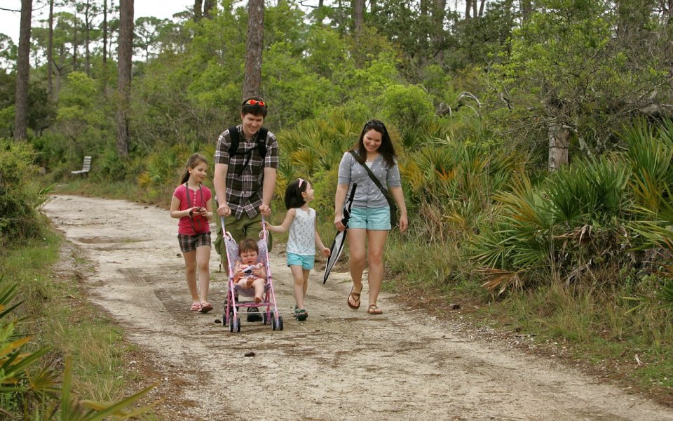 familie met 3 kleine kinderen wandelen in het bos 