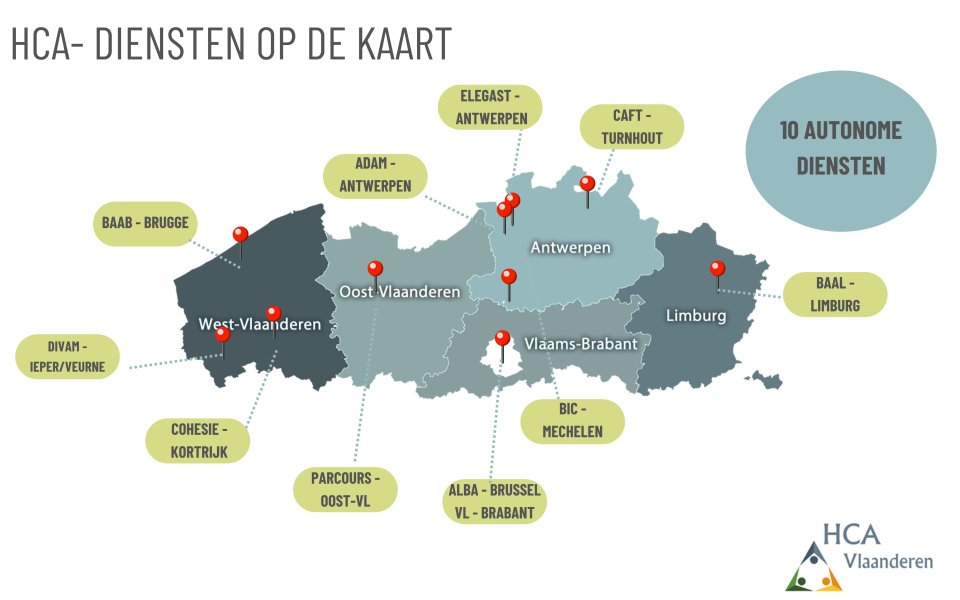 Kaart van Vlaanderen met aanduiding van HCA‑diensten per provincie.