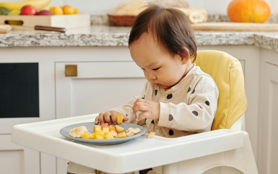 peuter in eetstoel eet fruit met handjes