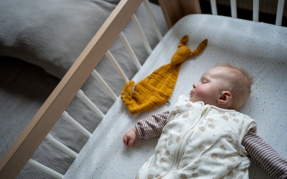 Baby slaapt in bedje in slaapzak op rug met knuffeldoekje