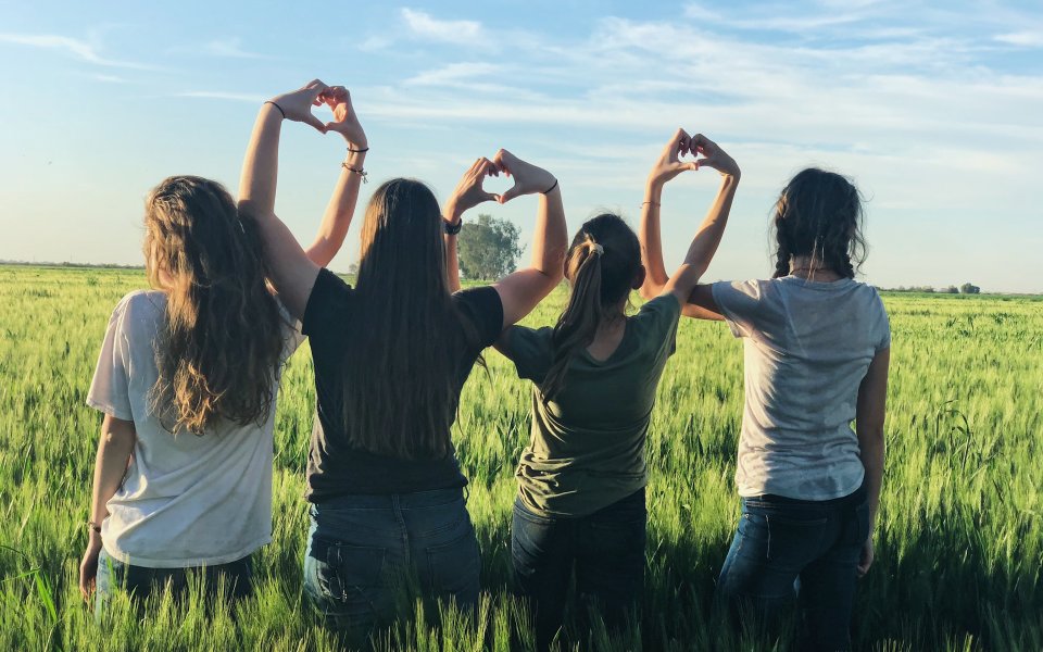 Zes meisjes met hun rug naar de fotograaf staan in een veld en maken hartjes met hun handen
