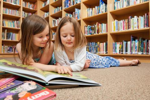 Twee meisjes lezen een kinderboek