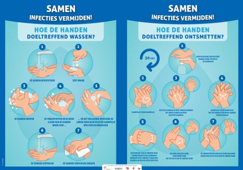 Affiche met tekeningen hoe je handen moet wassen of ontsmetten