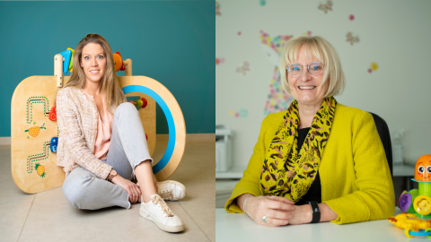 Verpleegkundigen Sarah en Marleen kijken in twee foto's naar de camera