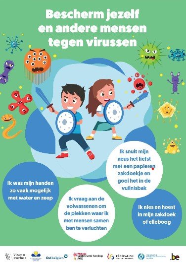 Affiche voor kinderen preventie virussen met tekening van 2 kinderen